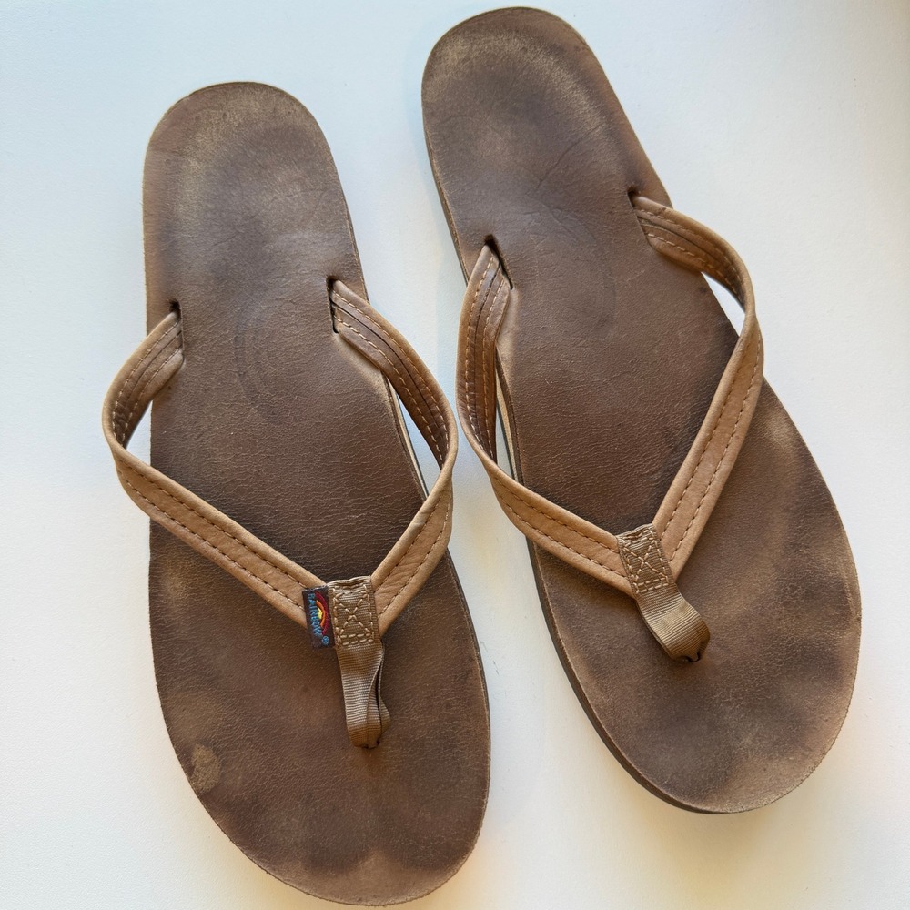 Rainbow Sandals Womens Single Layer Narrow Strap Leather Flip Flops Dark Brown